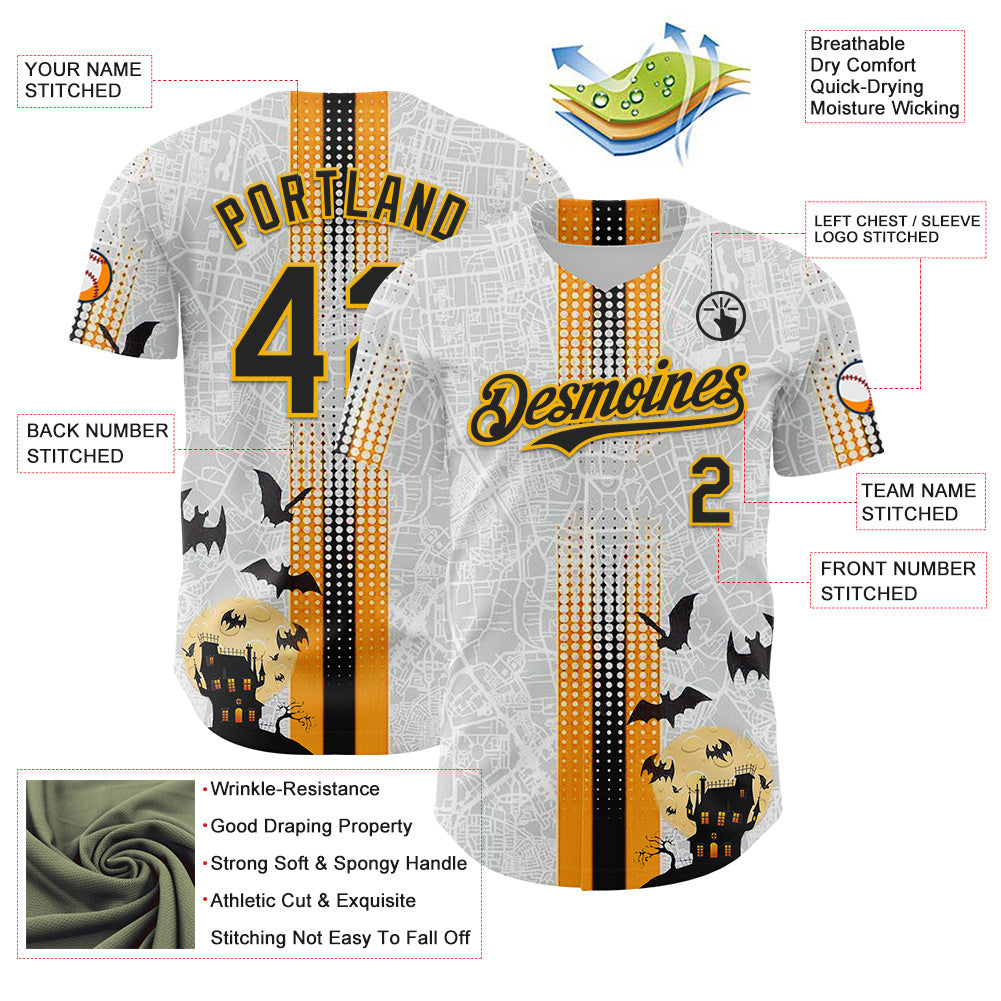 Custom White Black-Gold 3D Halloween Spooky Bat Stripe Authentic Baseball Jersey