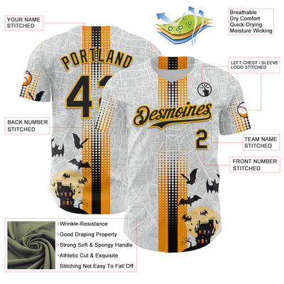 Custom White Black-Gold 3D Halloween Spooky Bat Stripe Authentic Baseball Jersey