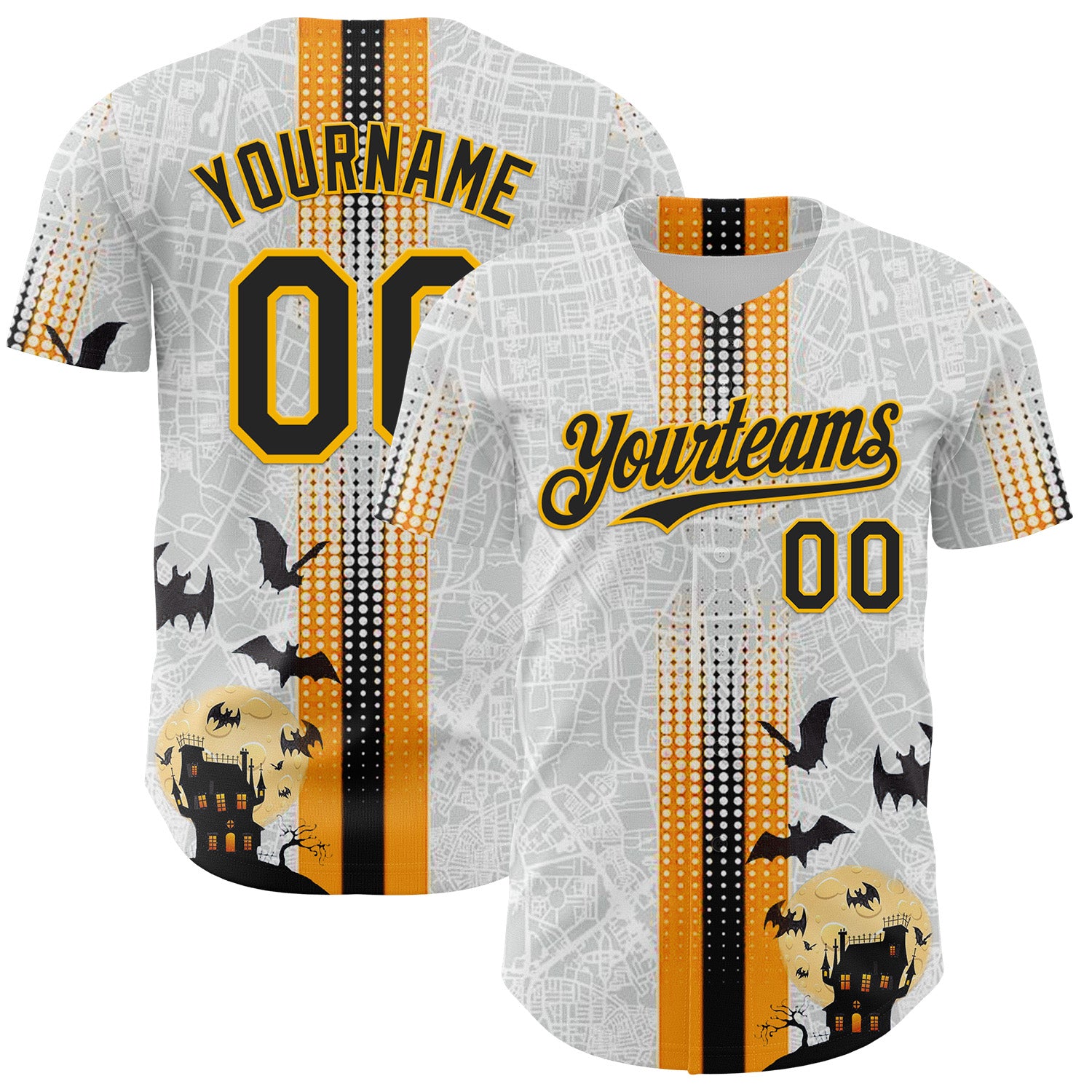 Custom White Black-Gold 3D Halloween Spooky Bat Stripe Authentic Baseball Jersey