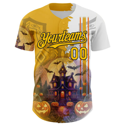 Custom White Yellow-Black 3D Halloween Spooky Pumpkin Authentic Baseball Jersey