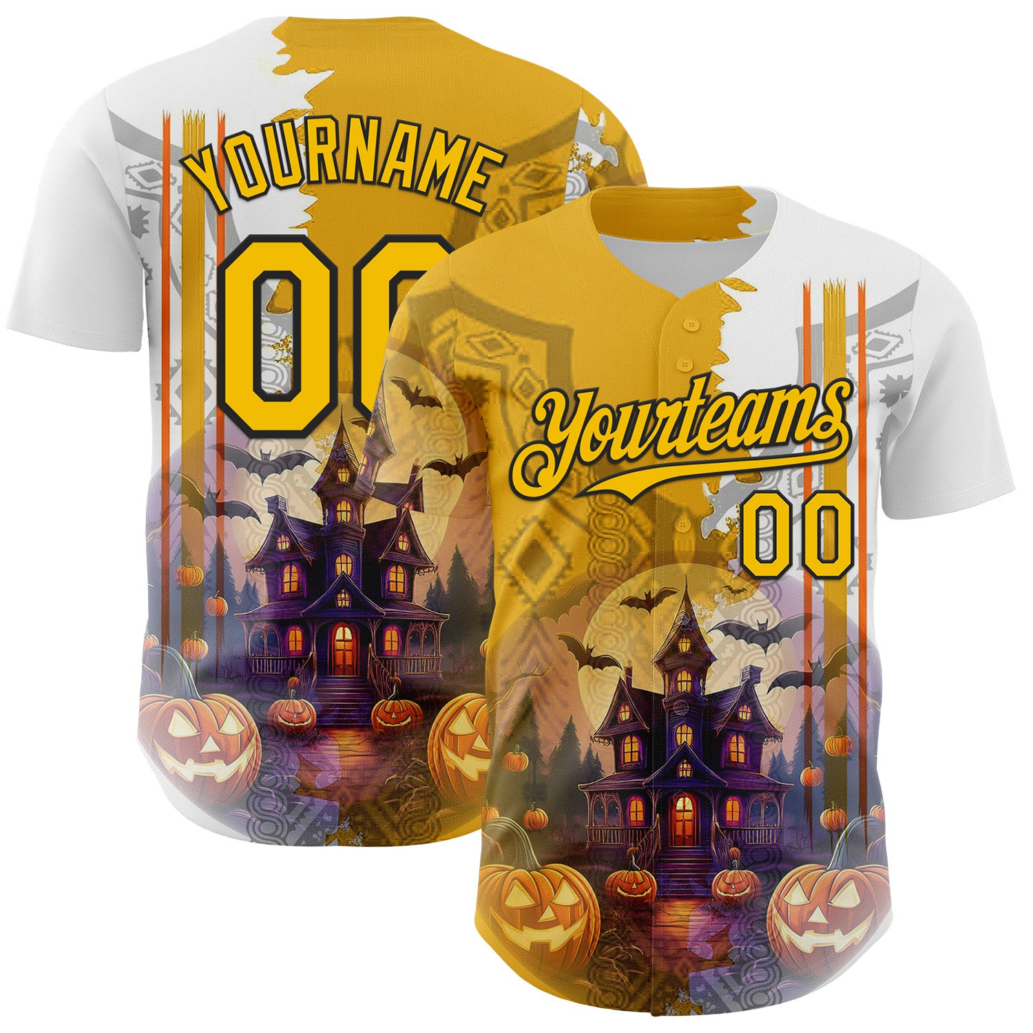 Custom White Yellow-Black 3D Halloween Spooky Pumpkin Authentic Baseball Jersey