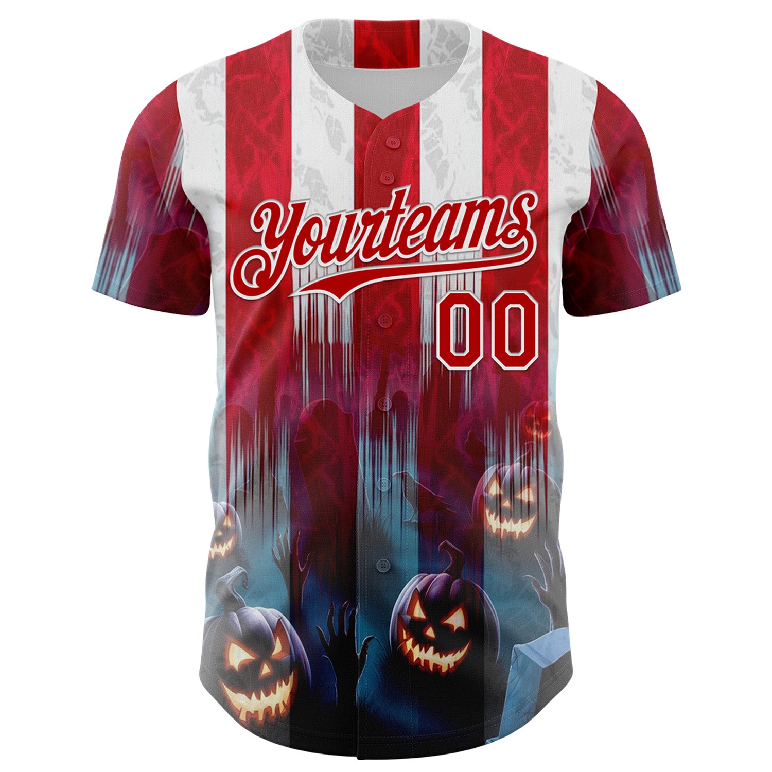 Custom Red Blue-White 3D Halloween Spooky Pumpkin Stripe Authentic Baseball Jersey