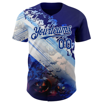Custom Blue Royal-White 3D Halloween Spooky Pumpkin Bat Authentic Baseball Jersey