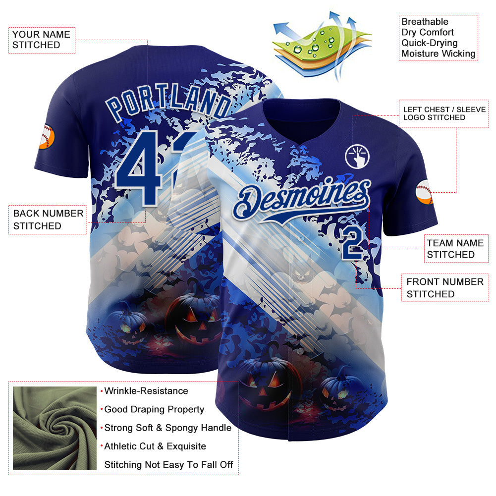 Custom Blue Royal-White 3D Halloween Spooky Pumpkin Bat Authentic Baseball Jersey