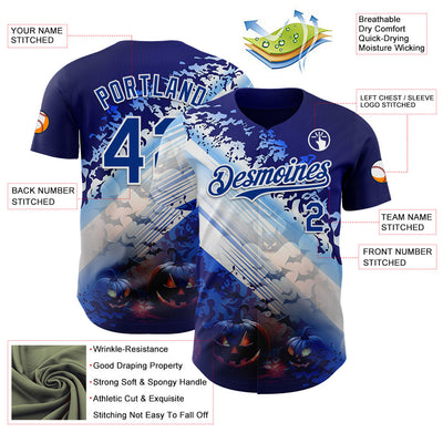 Custom Blue Royal-White 3D Halloween Spooky Pumpkin Bat Authentic Baseball Jersey