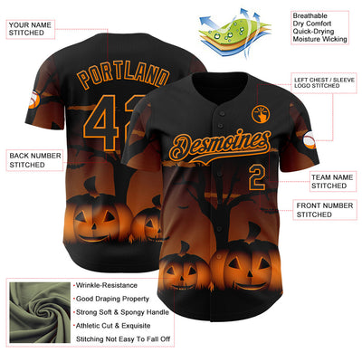 Custom Black Bay Orange 3D Halloween Spooky Pumpkin Authentic Baseball Jersey