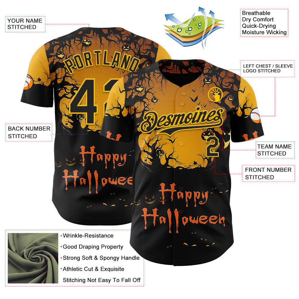 Custom Yellow Black 3D Halloween Spooky Pumpkin Authentic Baseball Jersey