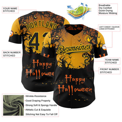 Custom Yellow Black 3D Halloween Spooky Pumpkin Authentic Baseball Jersey