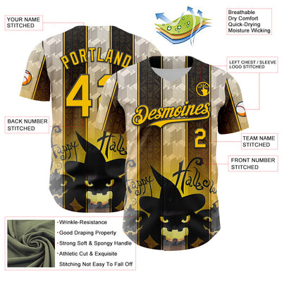 Custom Black Yellow-White 3D Halloween Spooky Pumpkin Stripe Authentic Baseball Jersey