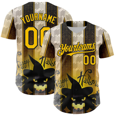 Custom Black Yellow-White 3D Halloween Spooky Pumpkin Stripe Authentic Baseball Jersey