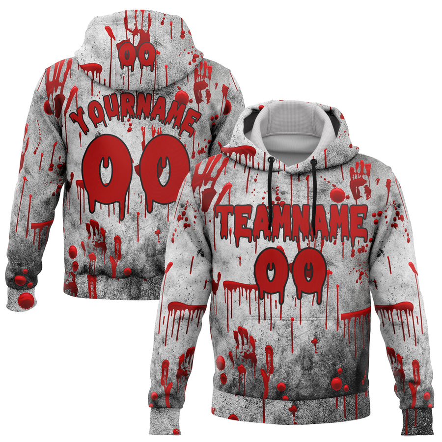 Custom Gray Red-Black 3D Halloween Creepy Blood Horror Sports Pullover Sweatshirt Hoodie