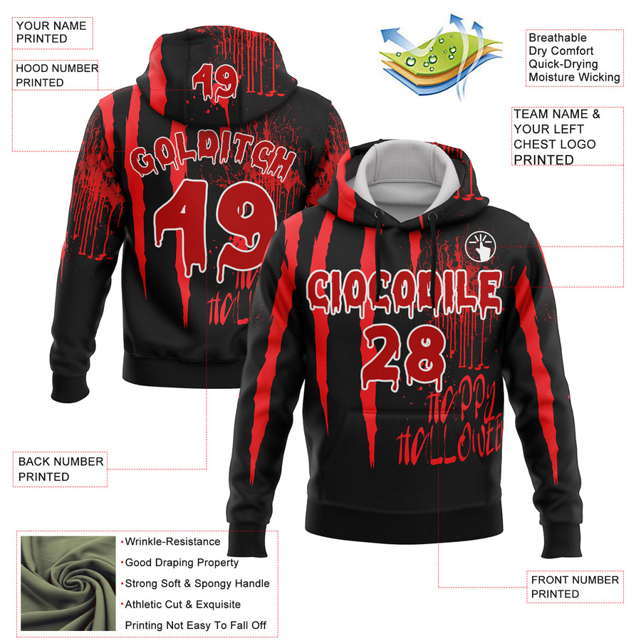 Custom Black Red-White 3D Halloween Creepy Blood Horror Sports Pullover Sweatshirt Hoodie