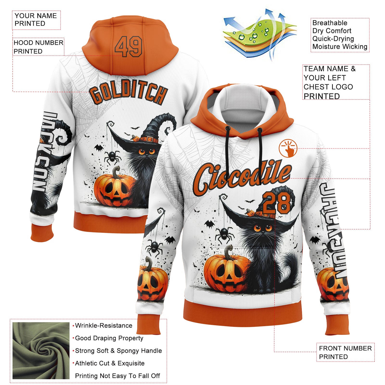 Custom White Orange-Black 3D Halloween Pumpkin Spooky Sports Pullover Sweatshirt Hoodie
