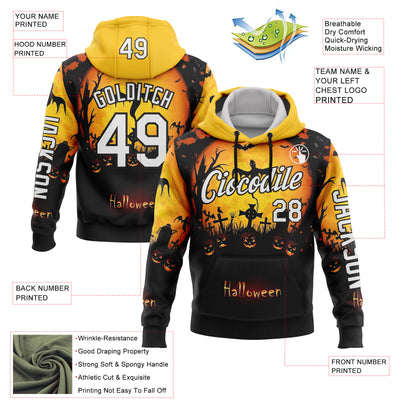 Custom Yellow White-Black 3D Halloween Bat Spooky Sports Pullover Sweatshirt Hoodie