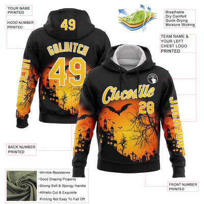 Custom Black Yellow-White 3D Halloween Bat Spooky Sports Pullover Sweatshirt Hoodie