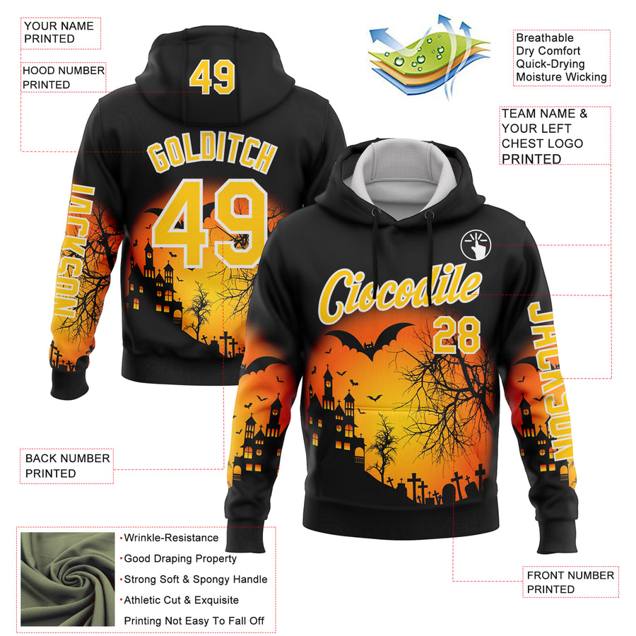 Custom Black Yellow-White 3D Halloween Bat Spooky Sports Pullover Sweatshirt Hoodie