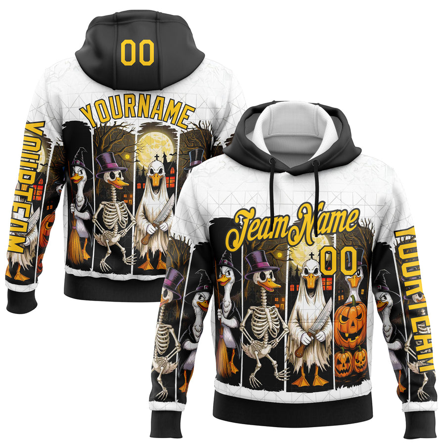 Custom White Yellow-Black 3D Halloween Pumpkin Spooky Sports Pullover Sweatshirt Hoodie