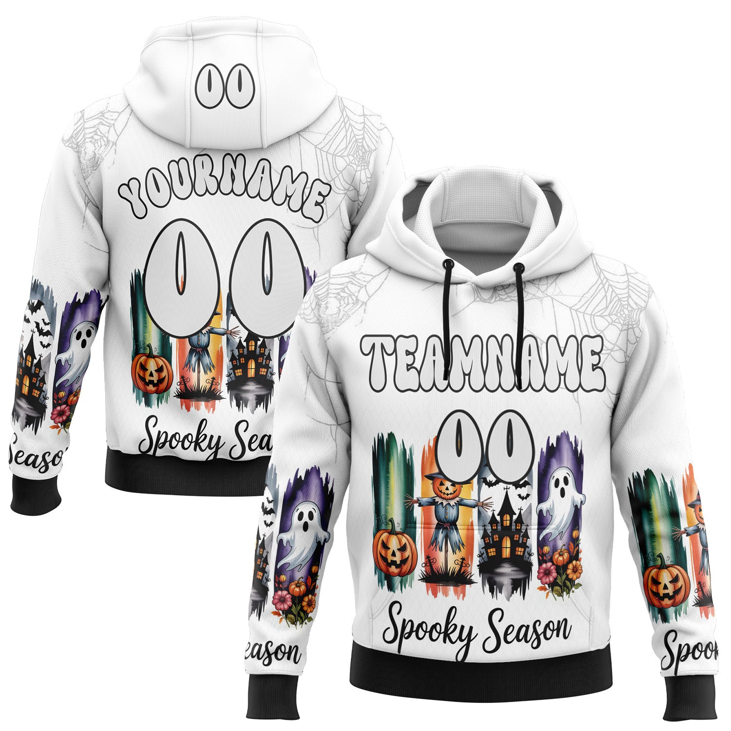 Custom White Black 3D Halloween Pumpkin Spooky Sports Pullover Sweatshirt Hoodie