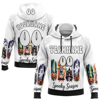 Custom White Black 3D Halloween Pumpkin Spooky Sports Pullover Sweatshirt Hoodie