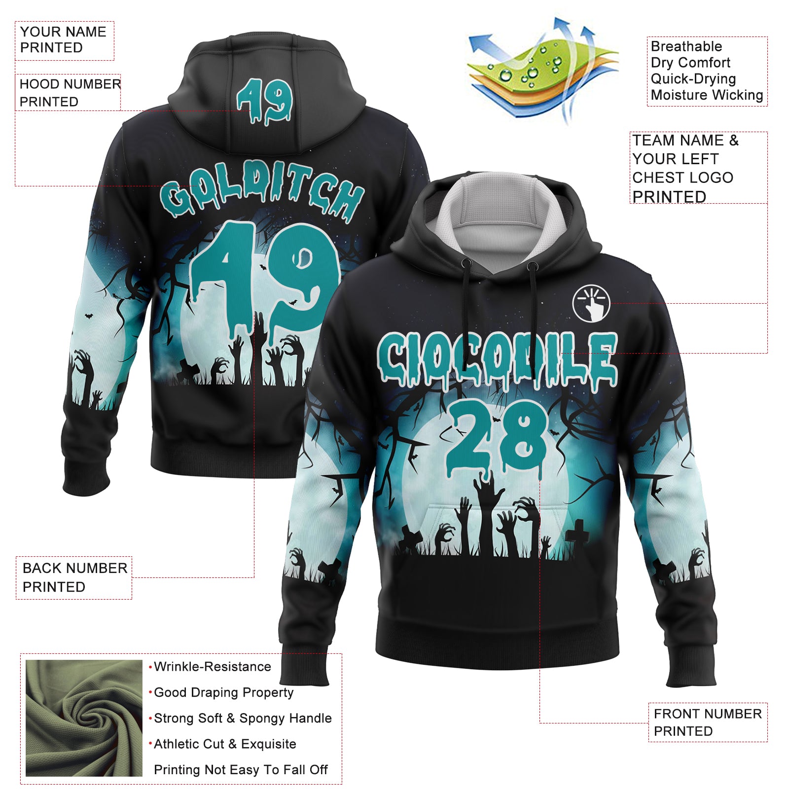 Custom Black Teal-White 3D Halloween Zombies Spooky Sports Pullover Sweatshirt Hoodie