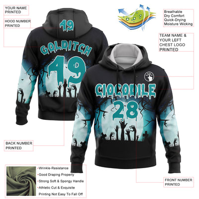 Custom Black Teal-White 3D Halloween Zombies Spooky Sports Pullover Sweatshirt Hoodie
