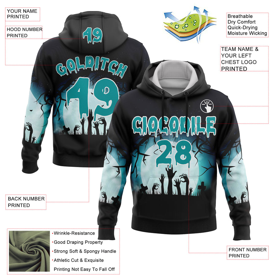 Custom Black Teal-White 3D Halloween Zombies Spooky Sports Pullover Sweatshirt Hoodie
