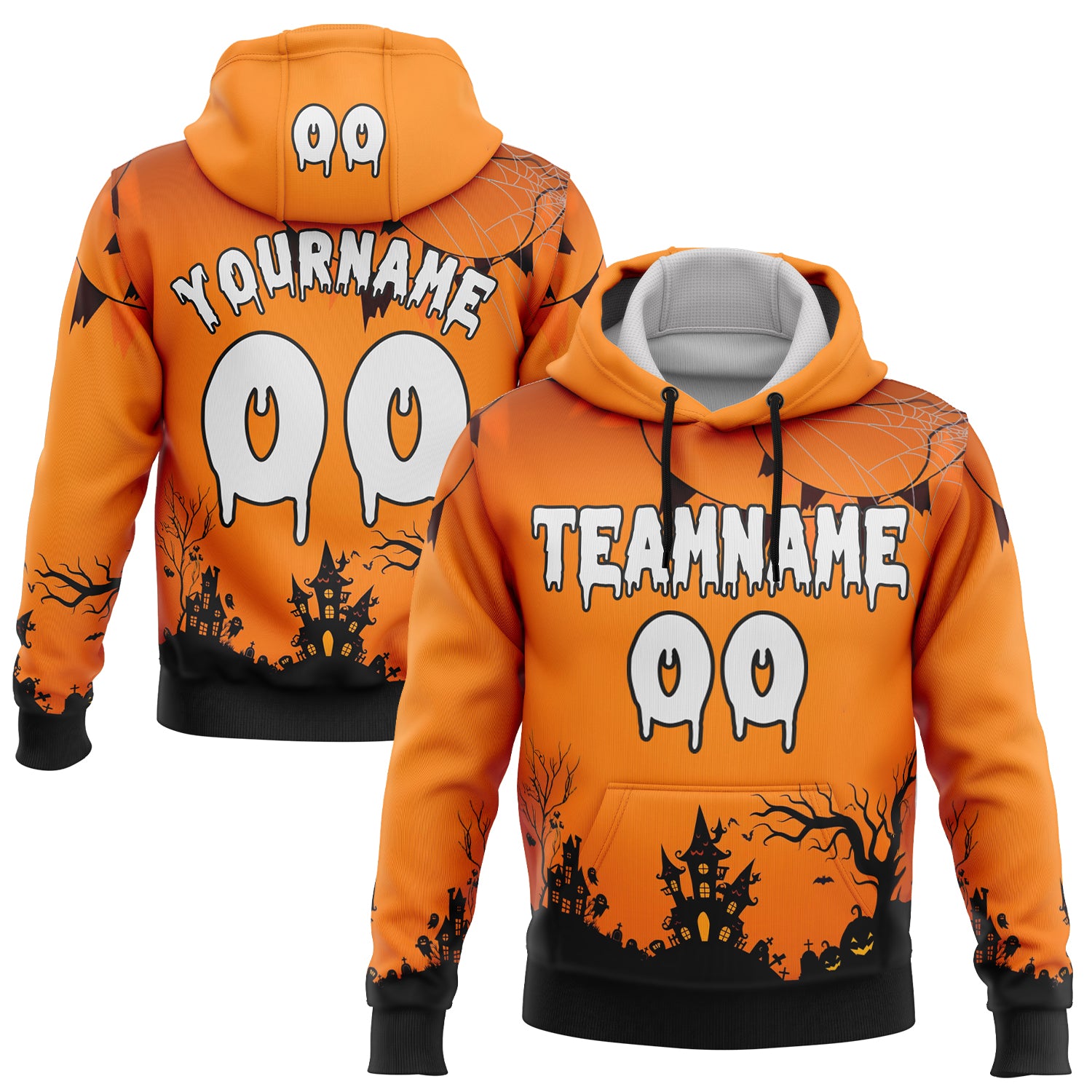Custom Orange White-Black 3D Halloween Spider Net Spooky Sports Pullover Sweatshirt Hoodie