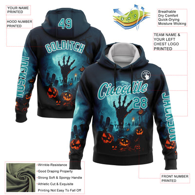 Custom Blue Teal-White 3D Halloween Zombies Spooky Sports Pullover Sweatshirt Hoodie