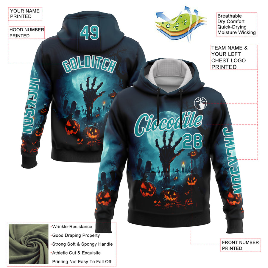 Custom Blue Teal-White 3D Halloween Zombies Spooky Sports Pullover Sweatshirt Hoodie