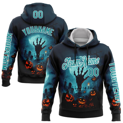 Custom Blue Teal-White 3D Halloween Zombies Spooky Sports Pullover Sweatshirt Hoodie