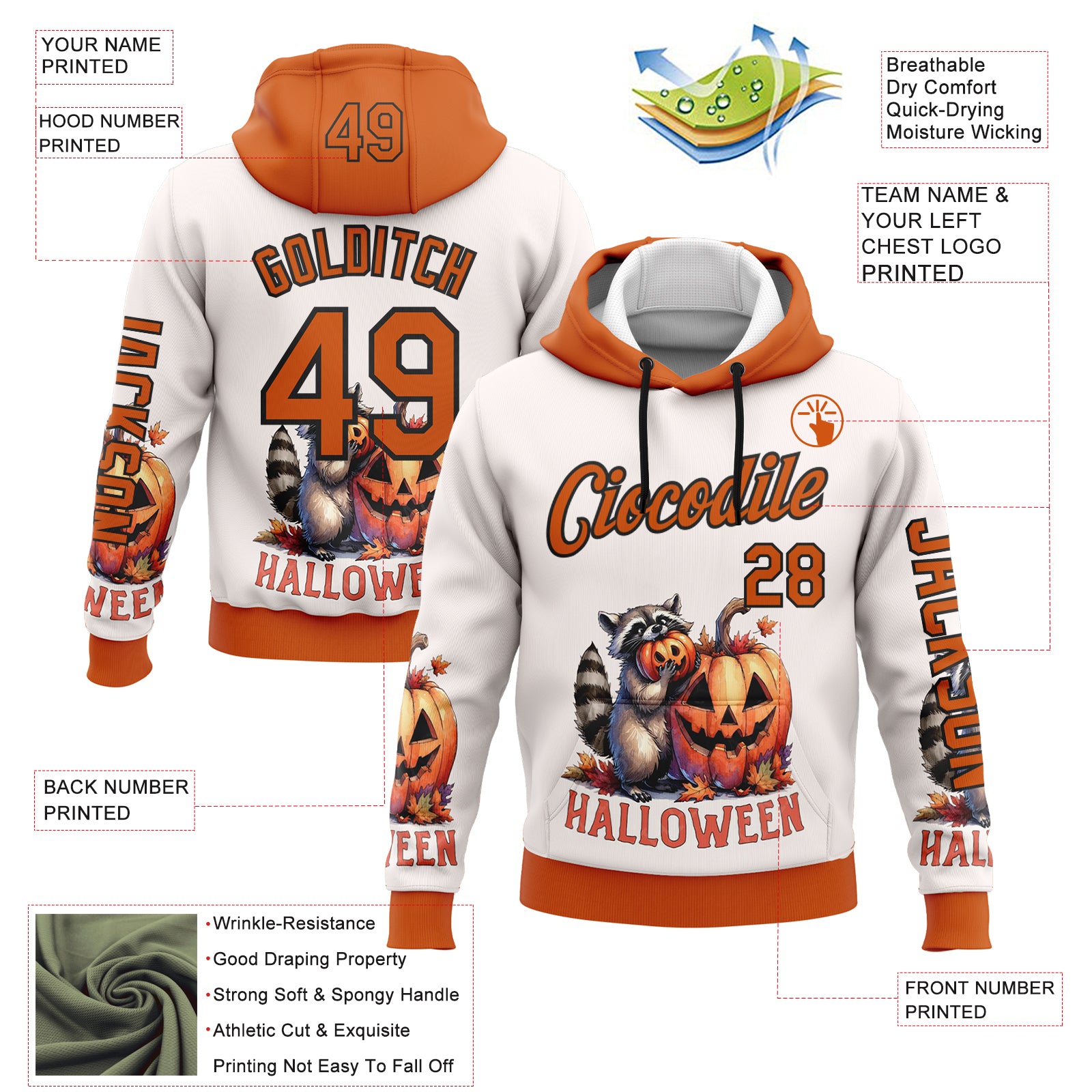 Custom White Orange-Black 3D Halloween Pumpkin Spooky Sports Pullover Sweatshirt Hoodie