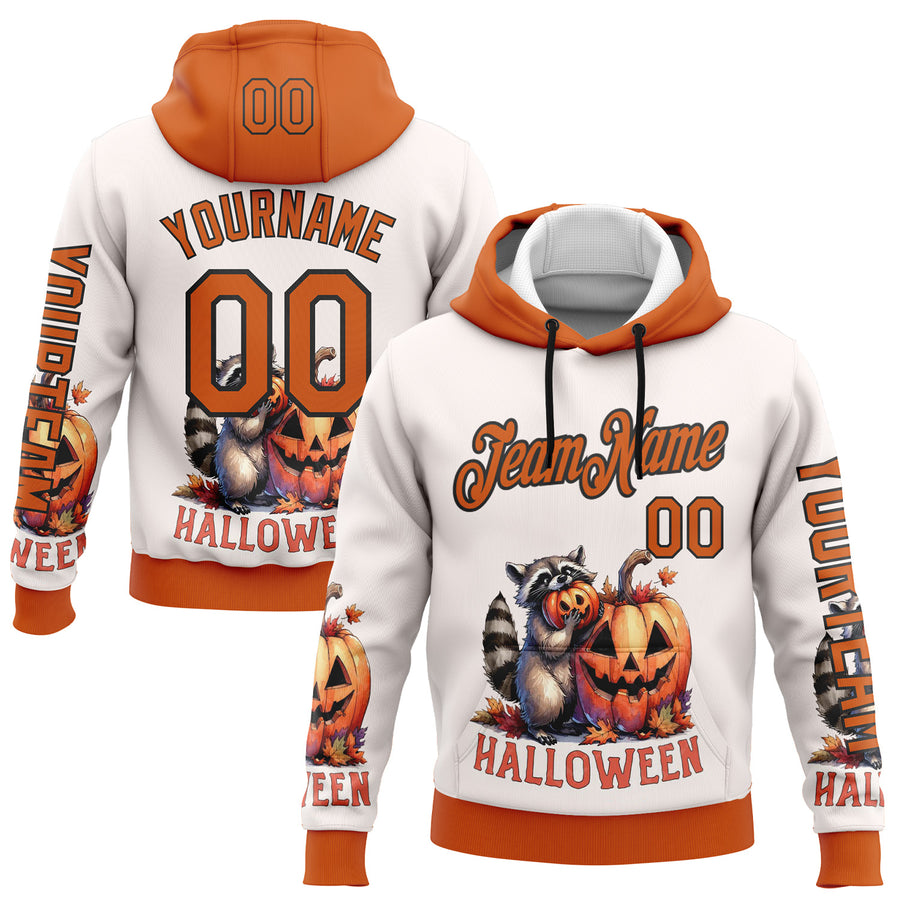 Custom White Orange-Black 3D Halloween Pumpkin Spooky Sports Pullover Sweatshirt Hoodie