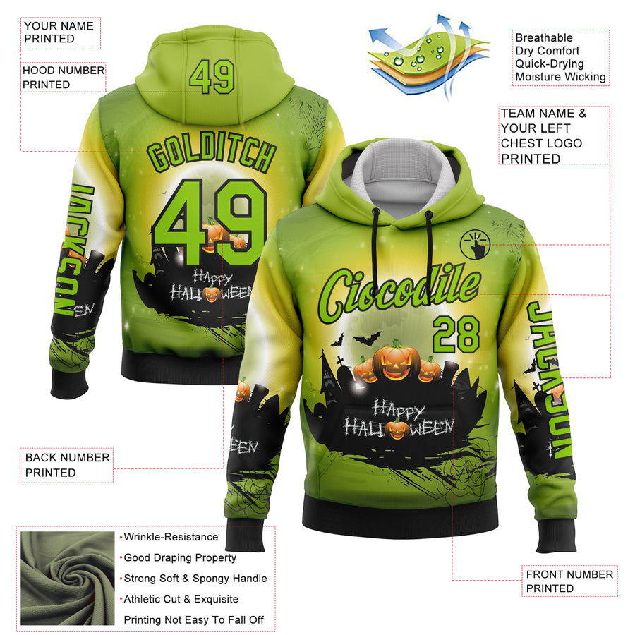 Custom Green Neon Green-Black 3D Halloween Pumpkin Spooky Sports Pullover Sweatshirt Hoodie