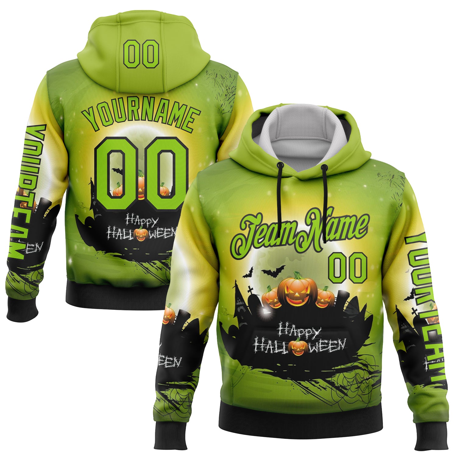 Custom Green Neon Green-Black 3D Halloween Pumpkin Spooky Sports Pullover Sweatshirt Hoodie
