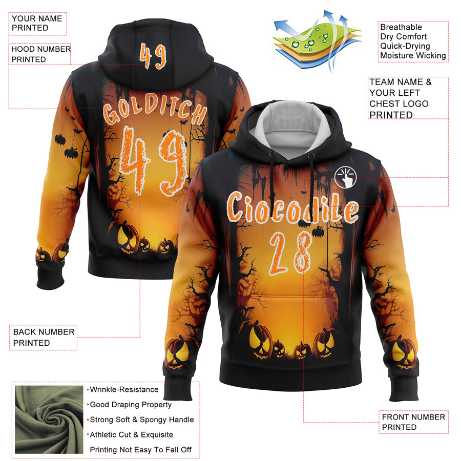 Custom Black Bay Orange Yellow-White 3D Halloween Pumpkin Spooky Sports Pullover Sweatshirt Hoodie