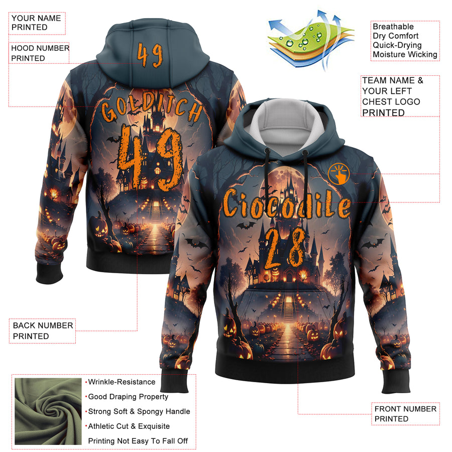 Custom Blue Bay Orange-Black 3D Halloween Pumpkin Spooky Sports Pullover Sweatshirt Hoodie