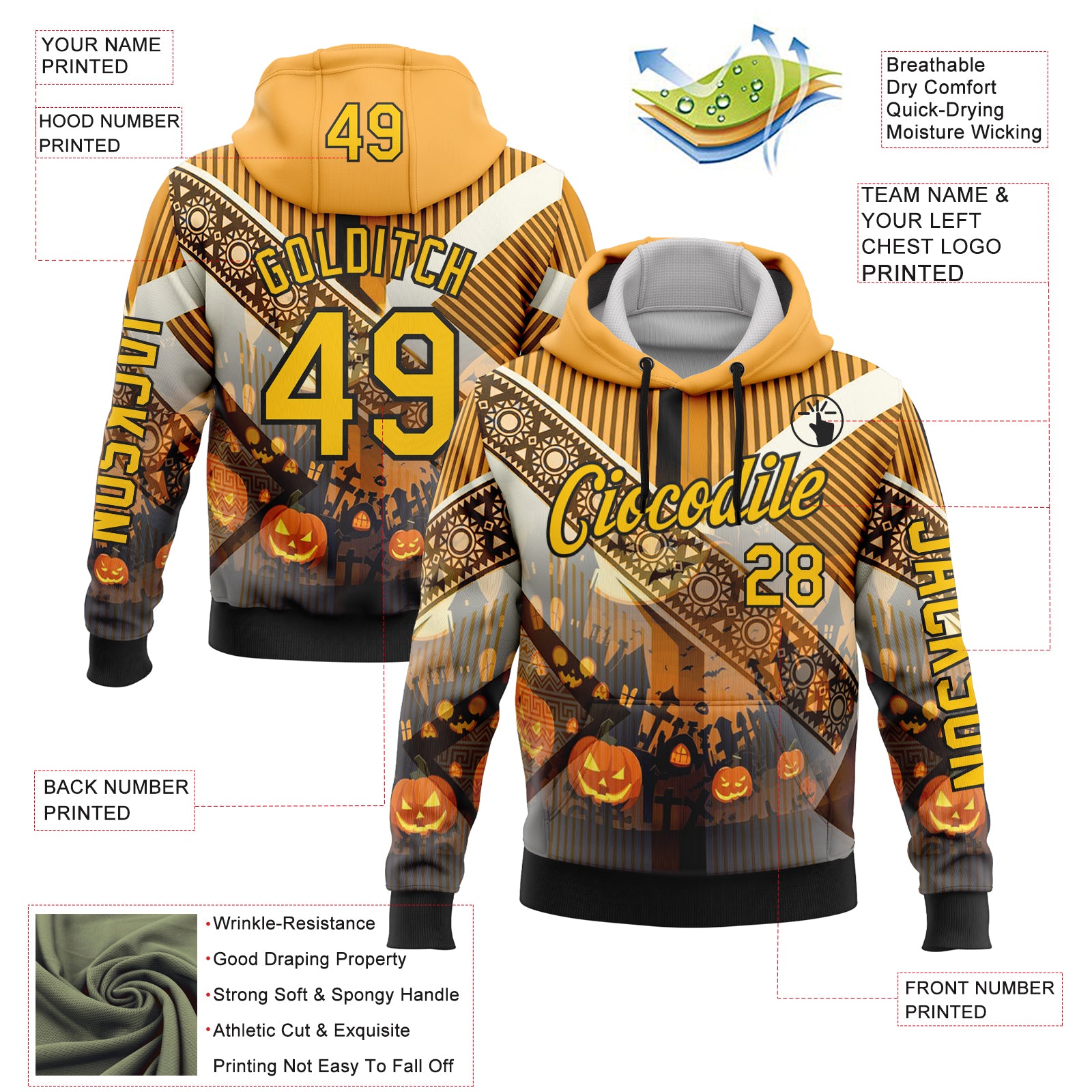 Custom Yellow Black 3D Halloween Pumpkin Spooky Stripe Sports Pullover Sweatshirt Hoodie