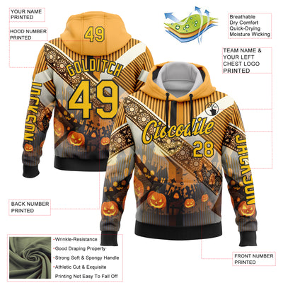 Custom Yellow Black 3D Halloween Pumpkin Spooky Stripe Sports Pullover Sweatshirt Hoodie
