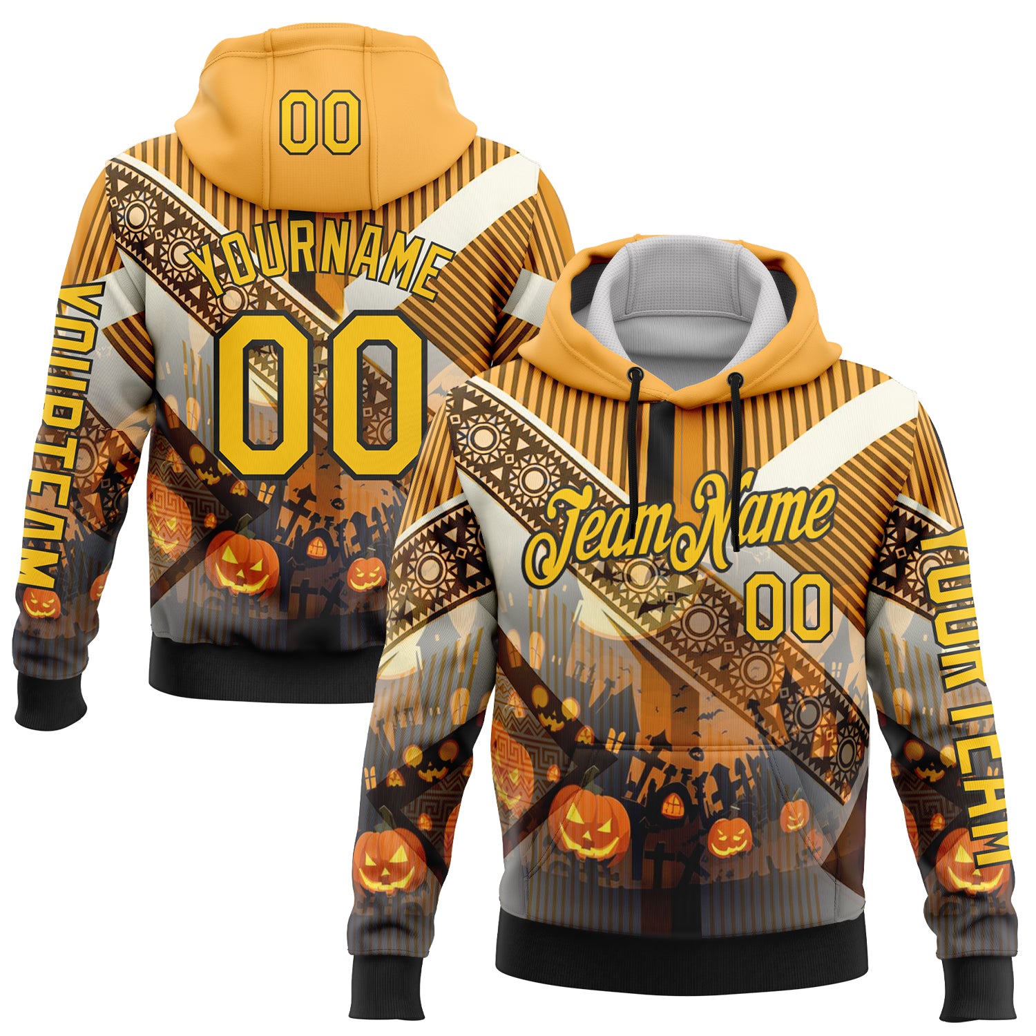 Custom Yellow Black 3D Halloween Pumpkin Spooky Stripe Sports Pullover Sweatshirt Hoodie