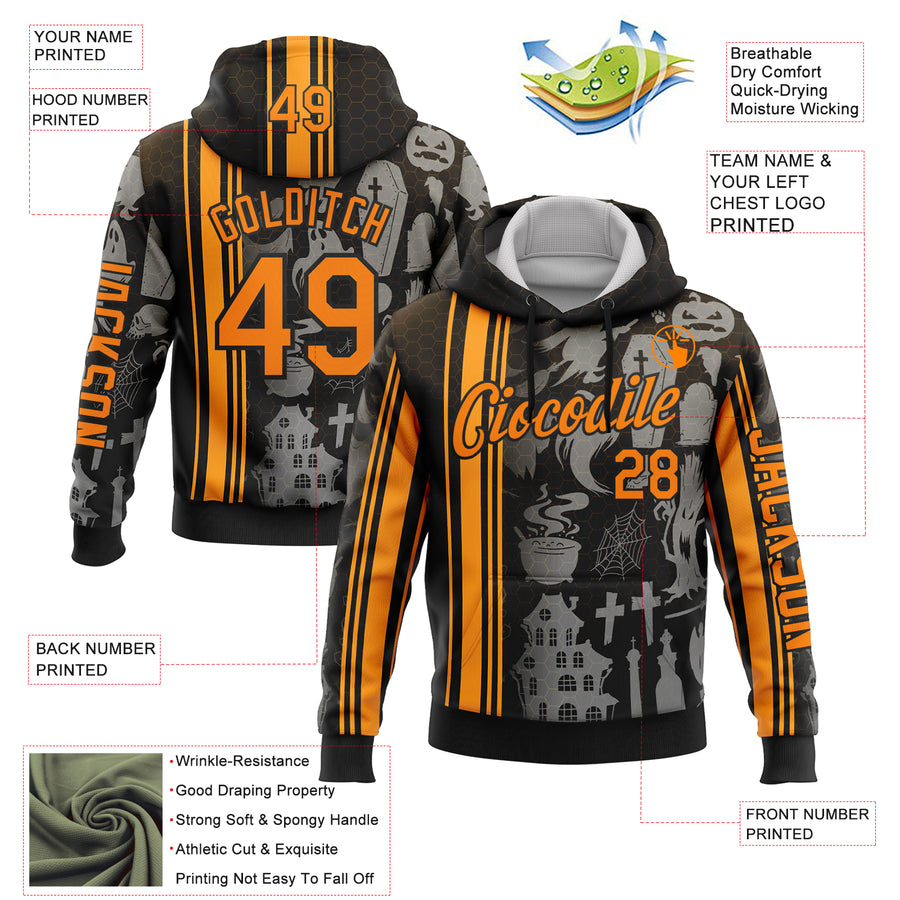 Custom Black Bay Orange-Orange 3D Halloween Pumpkin Spooky Stripe Sports Pullover Sweatshirt Hoodie