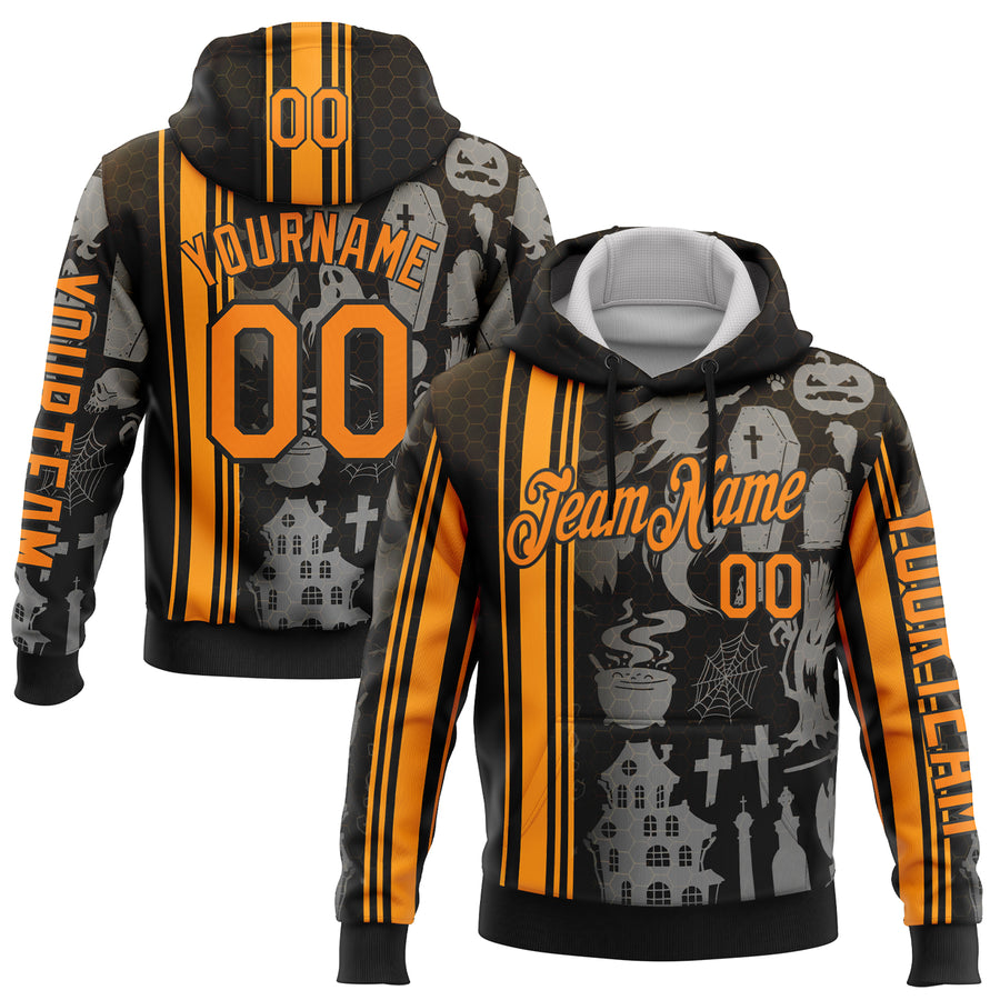 Custom Black Bay Orange-Orange 3D Halloween Pumpkin Spooky Stripe Sports Pullover Sweatshirt Hoodie