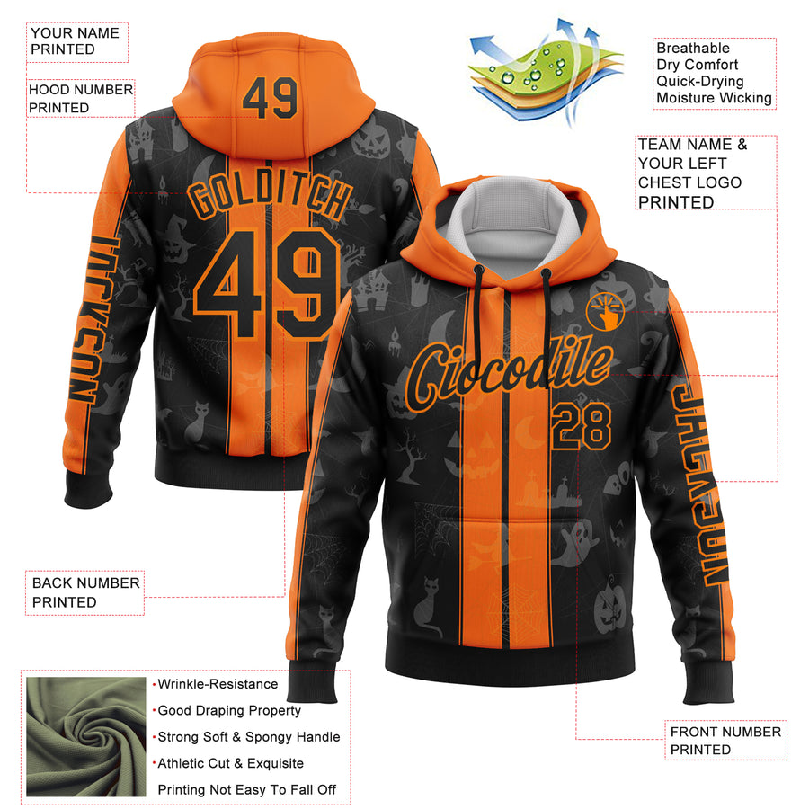 Custom Black Orange-Bay Orange 3D Halloween Pumpkin Spooky Stripe Sports Pullover Sweatshirt Hoodie