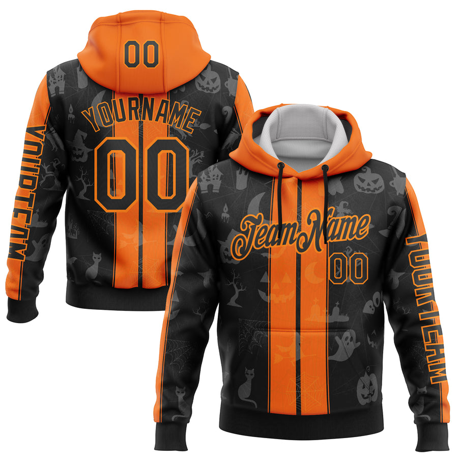 Custom Black Orange-Bay Orange 3D Halloween Pumpkin Spooky Stripe Sports Pullover Sweatshirt Hoodie