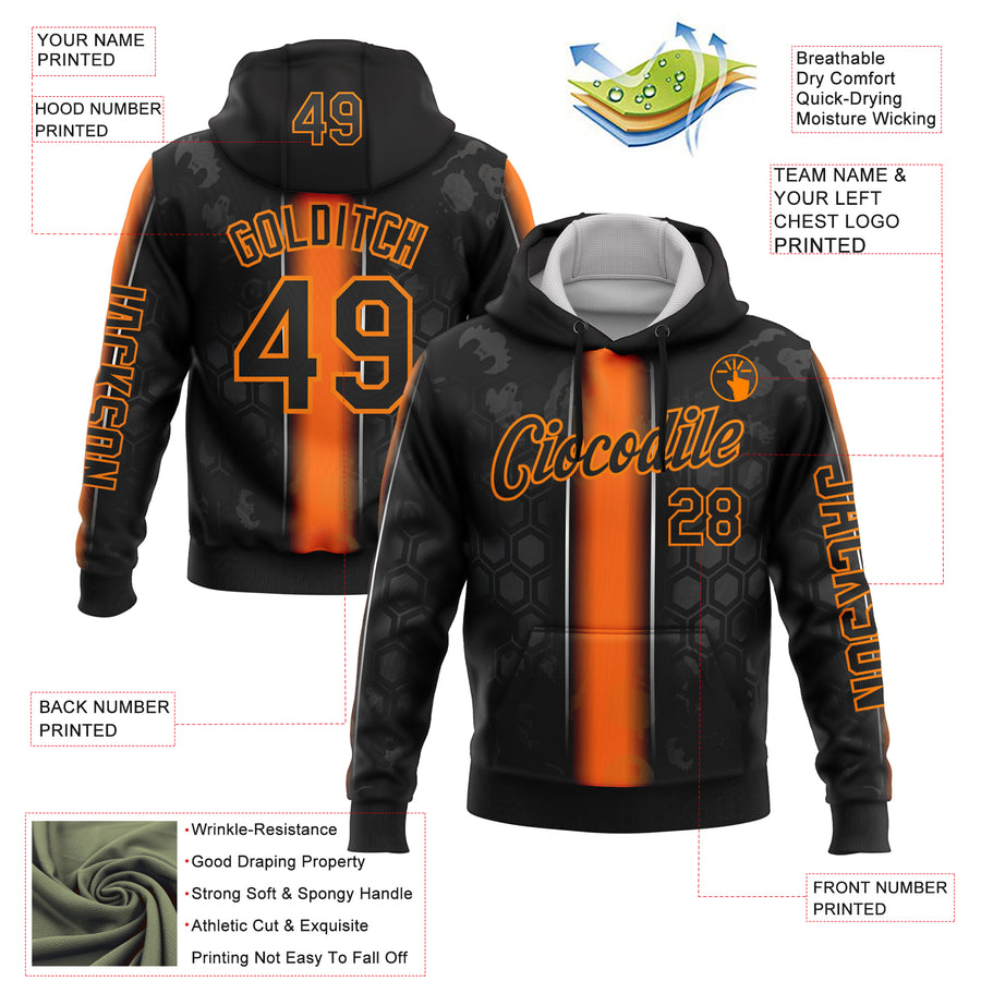 Custom Black Orange-Bay Orange 3D Halloween Pumpkin Spooky Sportswear Pullover Sweatshirt Hoodie