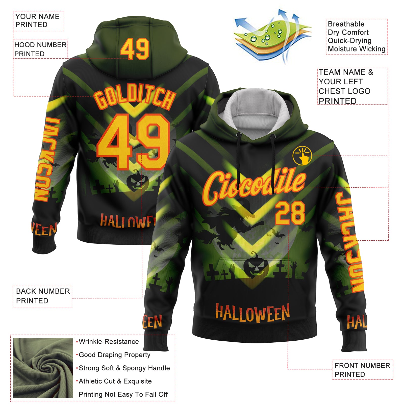 Custom Green Yellow-Orange 3D Halloween Spooky Sportswear Pullover Sweatshirt Hoodie