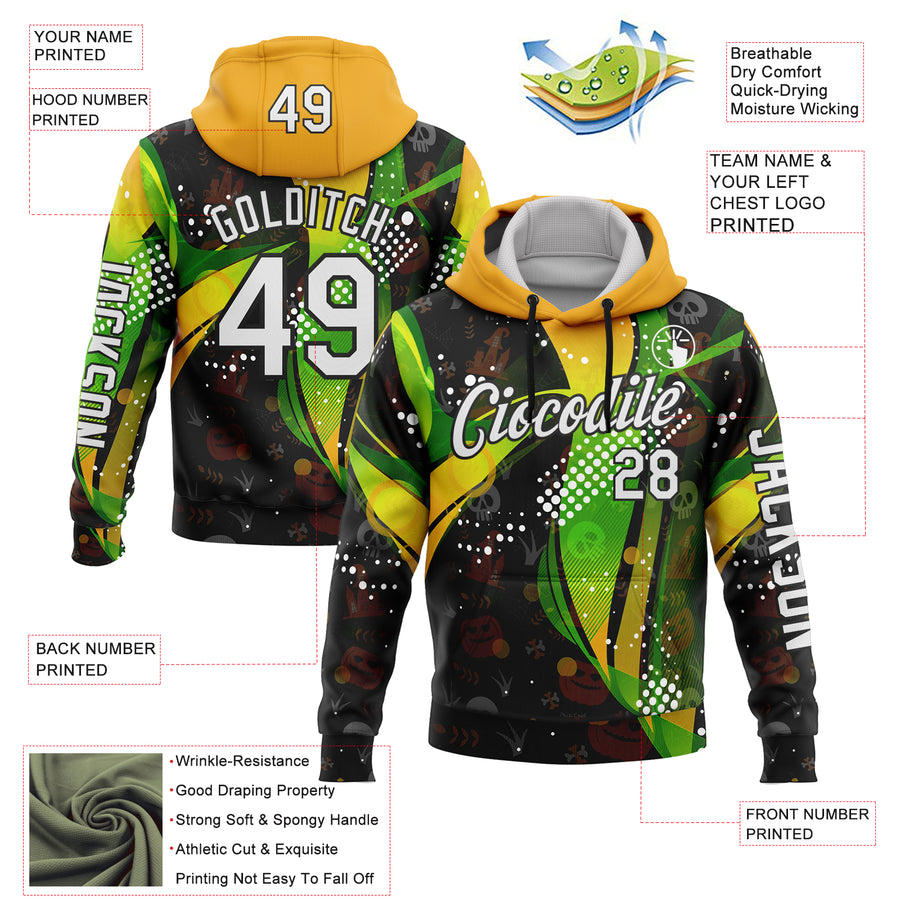 Custom Black White Green-Yellow 3D Halloween Spooky Sportswear Pullover Sweatshirt Hoodie