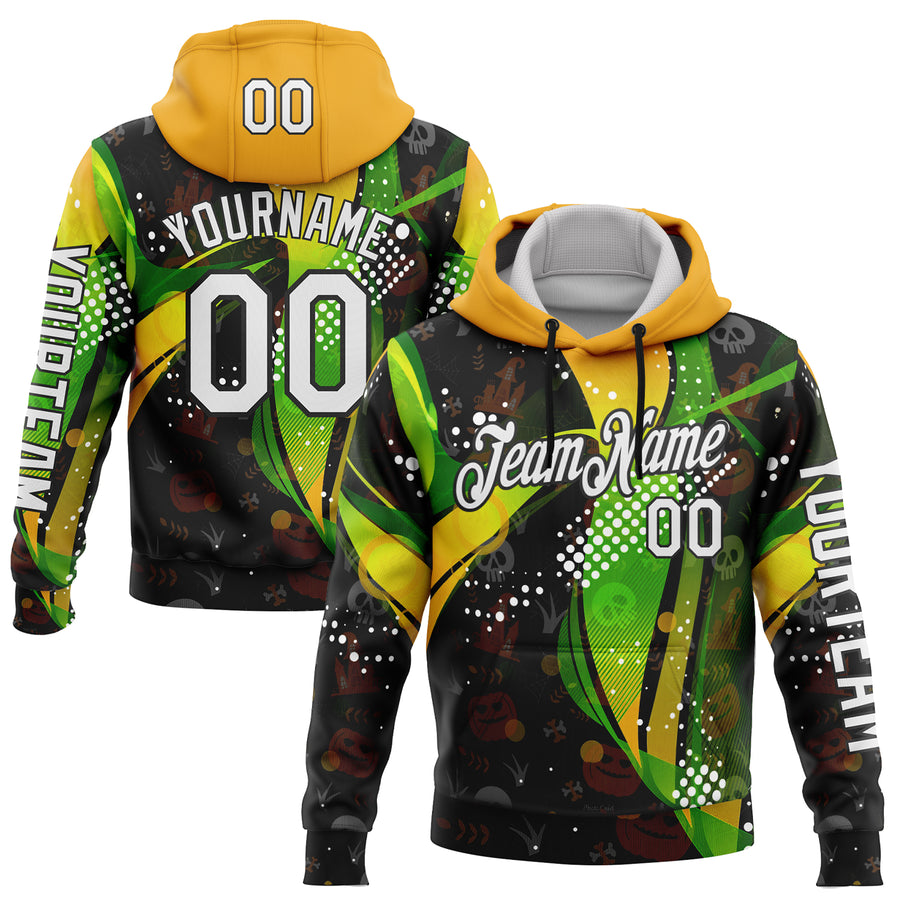 Custom Black White Green-Yellow 3D Halloween Spooky Sportswear Pullover Sweatshirt Hoodie