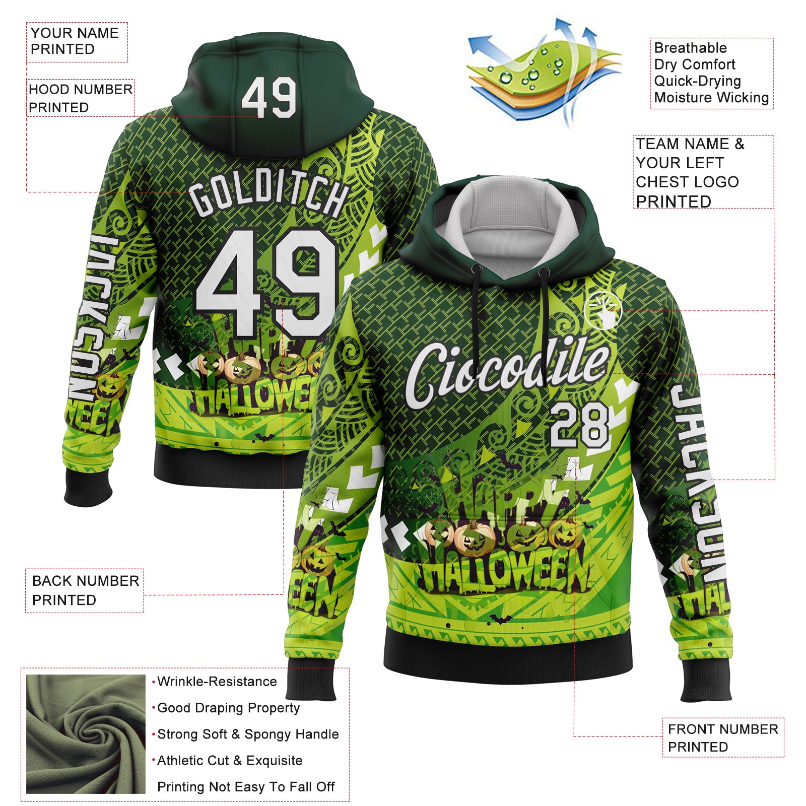 Custom Green White-Black 3D Halloween Spooky Sportswear Pullover Sweatshirt Hoodie