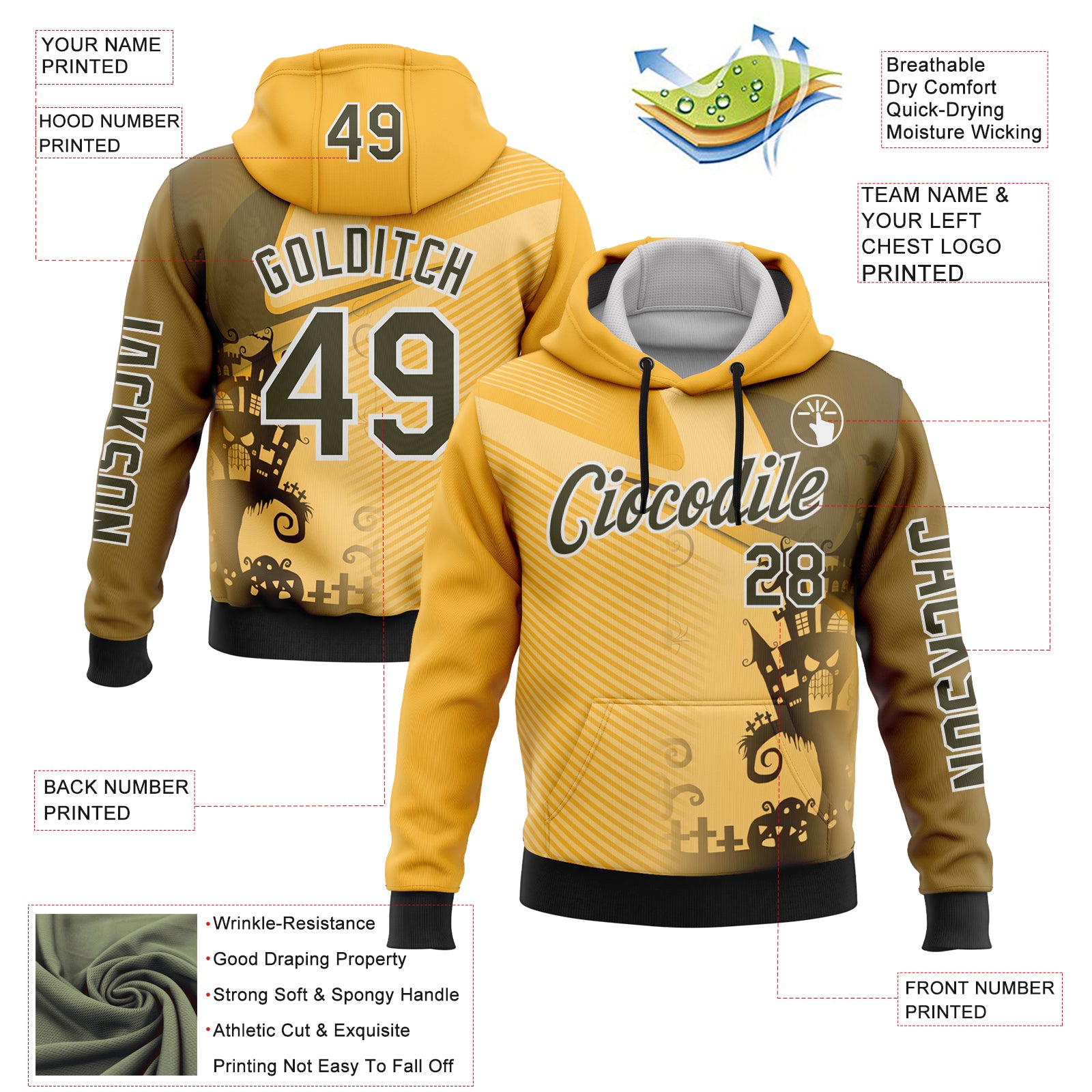 Custom Yellow Olive-White 3D Halloween Spooky Sportswear Pullover Sweatshirt Hoodie