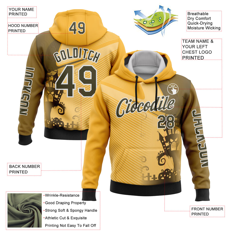 Custom Yellow Olive-White 3D Halloween Spooky Sportswear Pullover Sweatshirt Hoodie